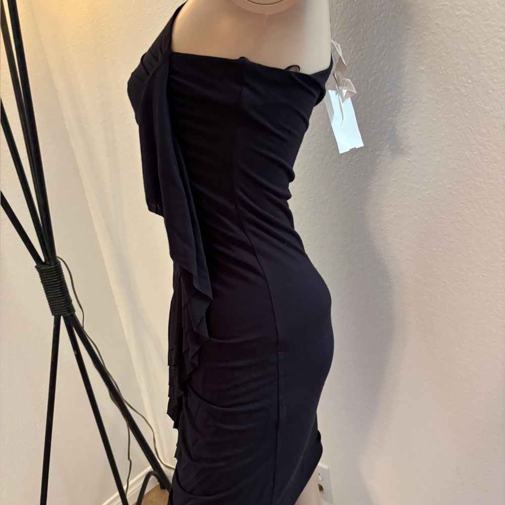 Gorgeous, elegant black one shoulder sleeveless dress with ruffle down the side